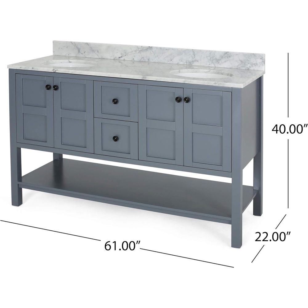 61'' Bathroom Vanity with Marble Top & Double Ceramic Sinks, 4 Doors, 2 Drawers, Open Shelf, Gray