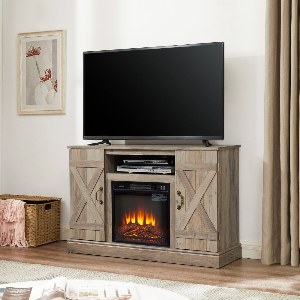 American retro Farmhouse Classic Media TV Stand Antique Entertainment Console with 18" Electric Fireplace Insert for TV up to 50" with Open and Closed Storage Space, Gray Wash 47"W*15.5"D*30.75"H