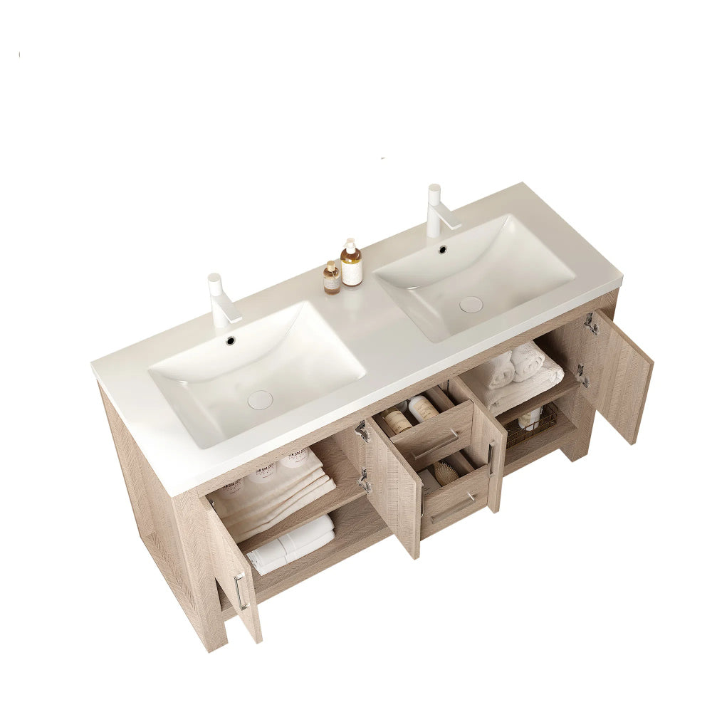 LUCCI 60" Bathroom Vanity with Sinks, Freestanding Plywood Storage Cabinet with 2 Drawers, 4 Doors and an Open Shelf, Acrylic Integrated Basin without Faucet, Pre-assembled, Light Oak Woodgrain Color