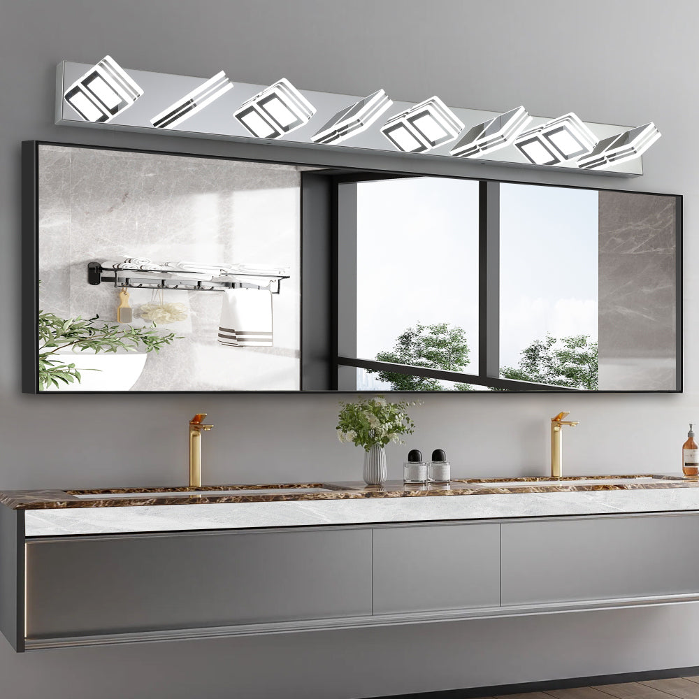 (Same as W1340103888/L2006) 32" Modern Chrome 5-Light LED Vanity Light, Square Acrylic Lampshades Wall Mount Fixture for Bathroom, Mirror Lighting
