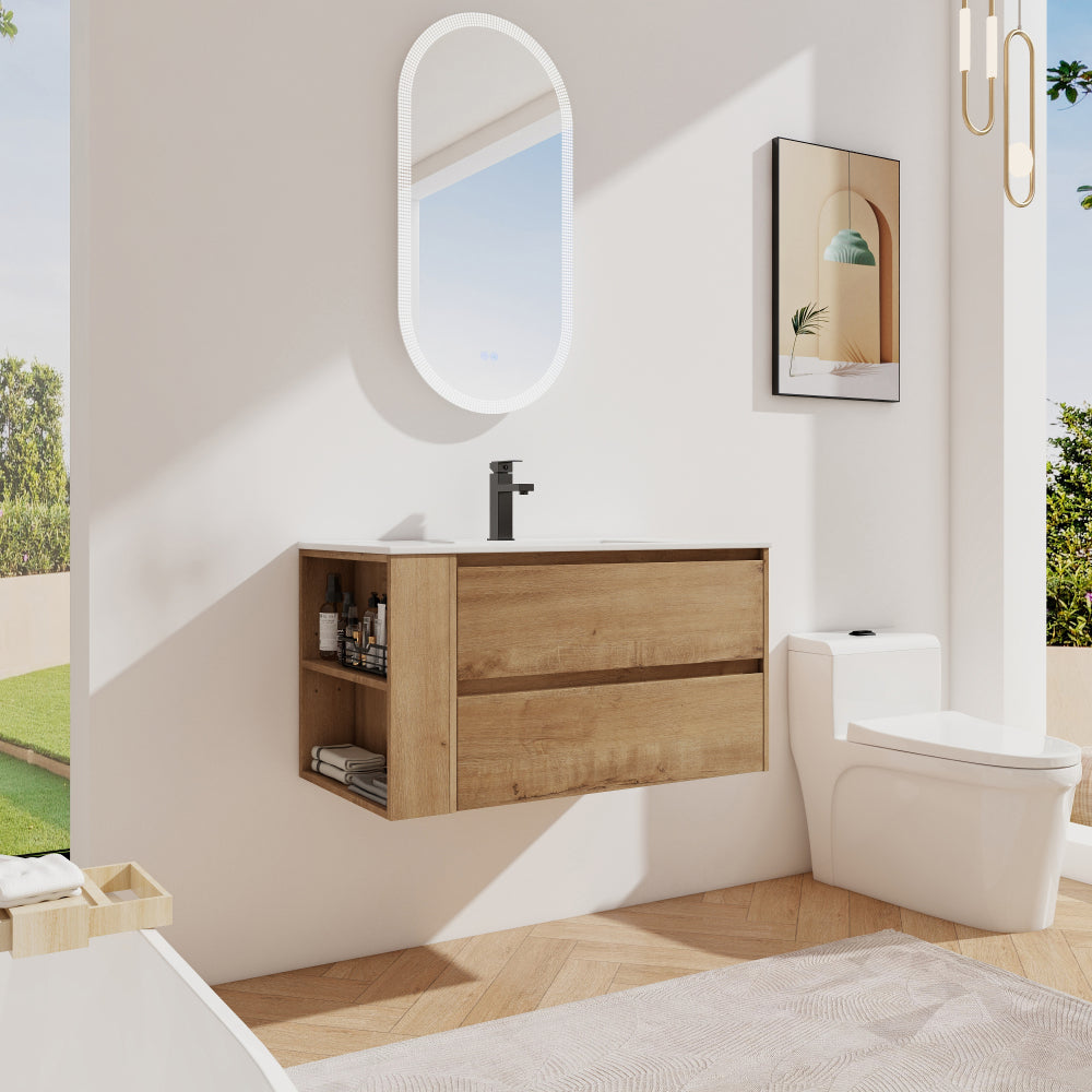 36" Wall Mounting Bathroom Vanity With Ceramic Sink, Soft Close Drawer