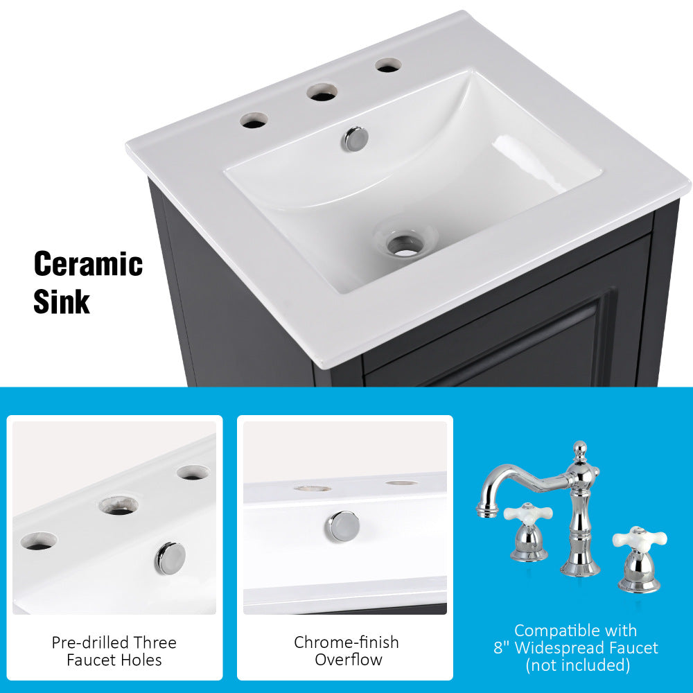 20.3" Bathroom Vanity with Sink, Functional Drawer, Door Shelf, Soft-closing Door, Black