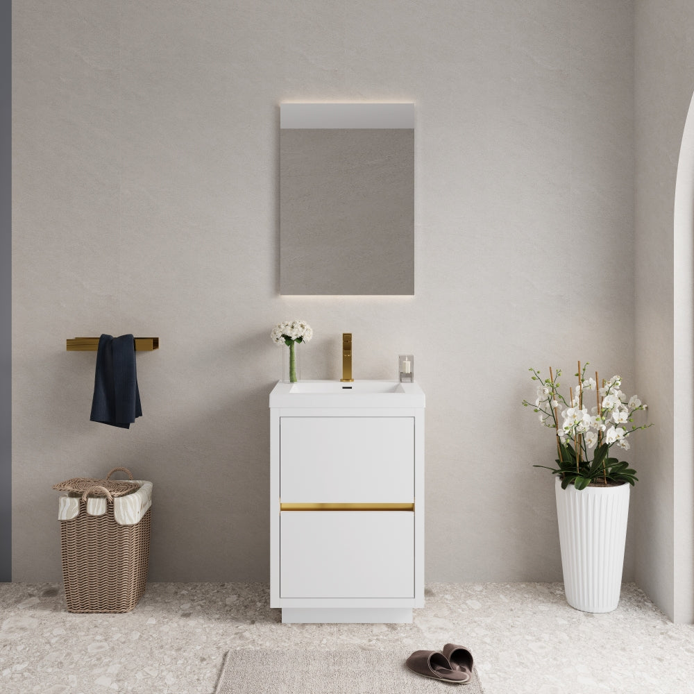 24" Freestanding Bathroom Vanity with Sink, Bathroom Storage Vanity Cabinet with Stone Resin Countertop and Soft Close Drawers, Glossy White 24V14-24GW