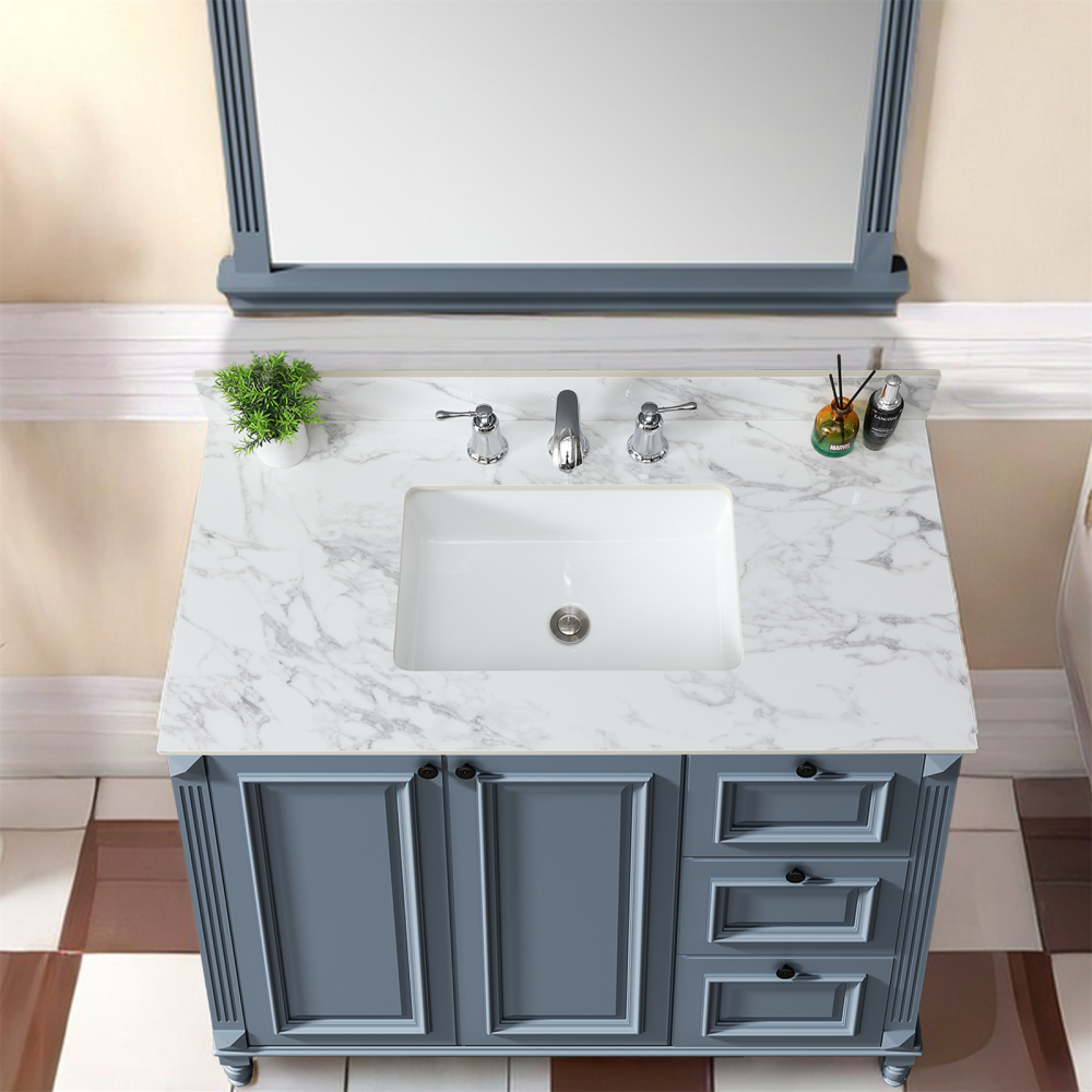37"x22"Bathroom Vanity Top,sintered stone carra white Barthroom Vanity Sink Tops with Rectangular Undermount Ceramic Sink with Vanity Backsplash, Single Faucet Hole Bathroom Vanity Countertop