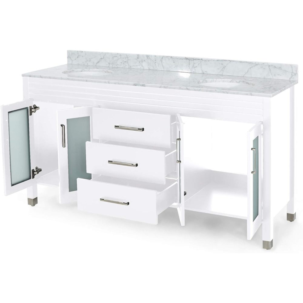 73'' Bathroom Vanity with Marble Top & Double Ceramic Sinks, 4 Doors with Glass, 3 Drawers, White