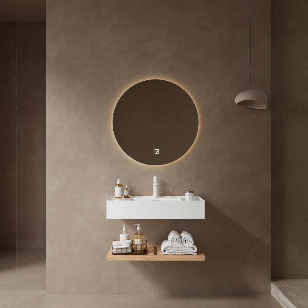 LEDE 48" Bathroom Vanity with Vessel Sink, Wall-Mounted Floating White Rectangular Acrylic Integrated Basin without Faucet, Striped Shelves Layer, Dark Walnut Woodgrain Color