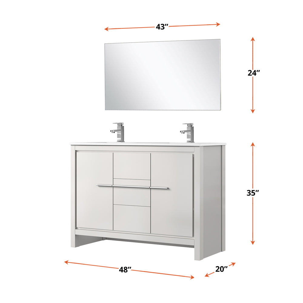 White Double Bath Vanity 48 in. W x 20 in. D, White Quartz Top, Chrome Faucet Set and 43 in. Mirror