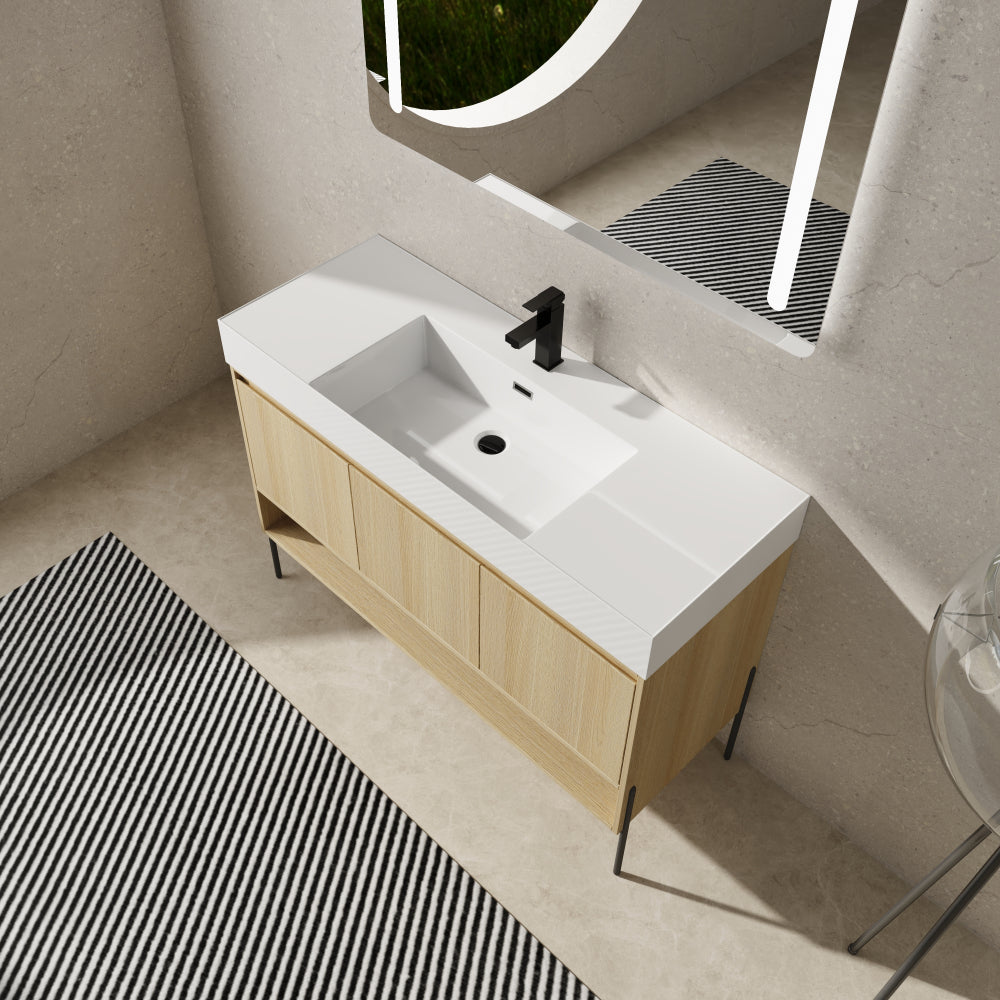 48" Bathroom Vanity Combo w/Single Resin Sink, Modern Storage Cabinet Set 3 Door, Multilayer solid wood, Oak