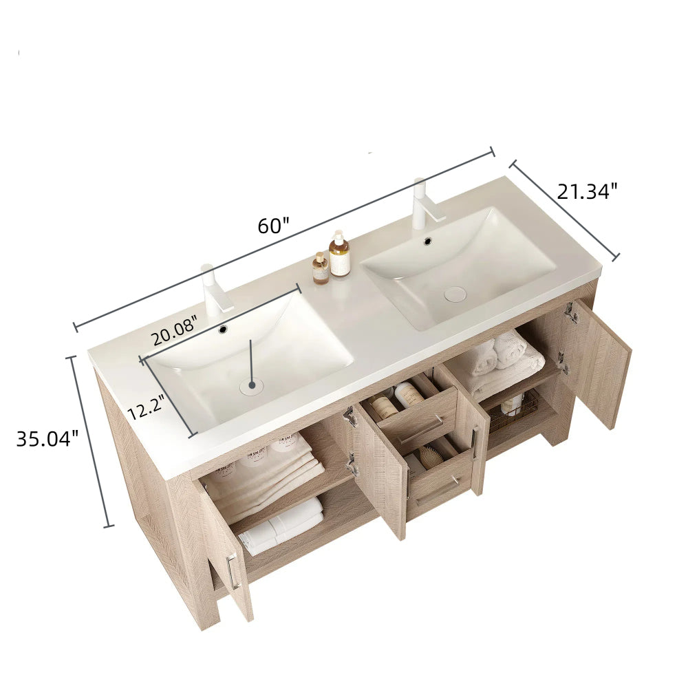LUCCI 60" Bathroom Vanity with Sinks, Freestanding Plywood Storage Cabinet with 2 Drawers, 4 Doors and an Open Shelf, Acrylic Integrated Basin without Faucet, Pre-assembled, Light Oak Woodgrain Color
