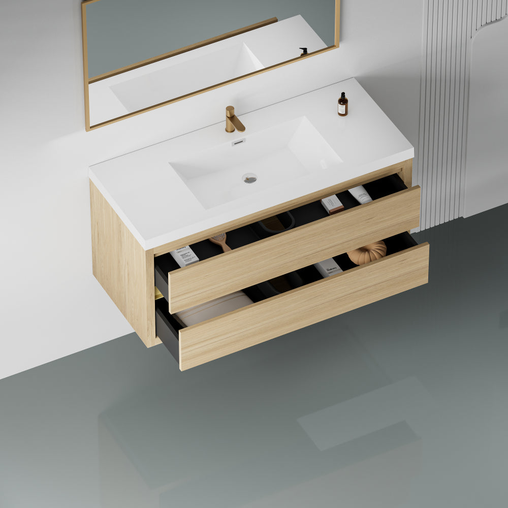 48" Wall-Mounted Bathroom Vanity with Sink, Floating Bathroom Storage Cabinet with Stone Resin Countertop and Soft Close Drawers, Natural Oak 24V15-48NO