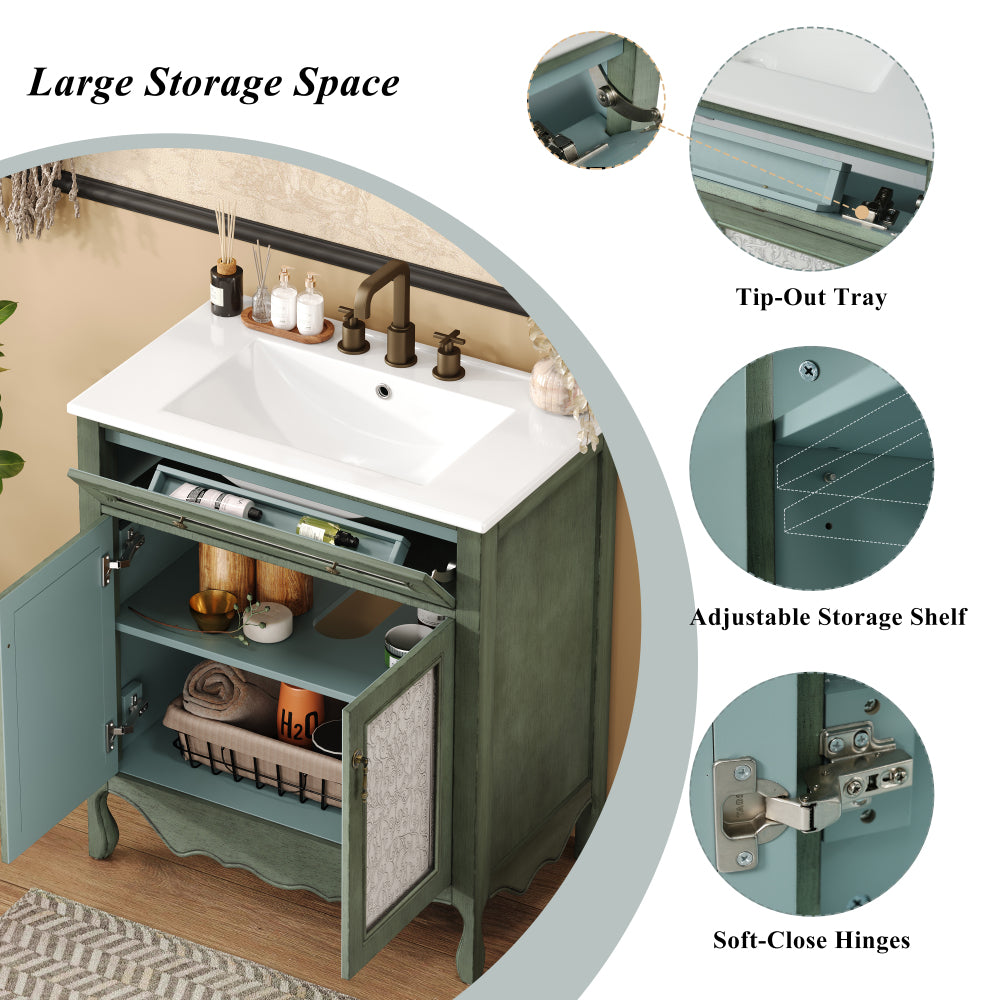 30" Antique Pattern Bathroom Vanity with Rectangle Ceramic Sink, Bathroom Vanity Cabinet with Tip-Out Tray / Flip-Out Drawer, Equipped with Antique Handles and Rubber Wood legs, Antique Green + Blue