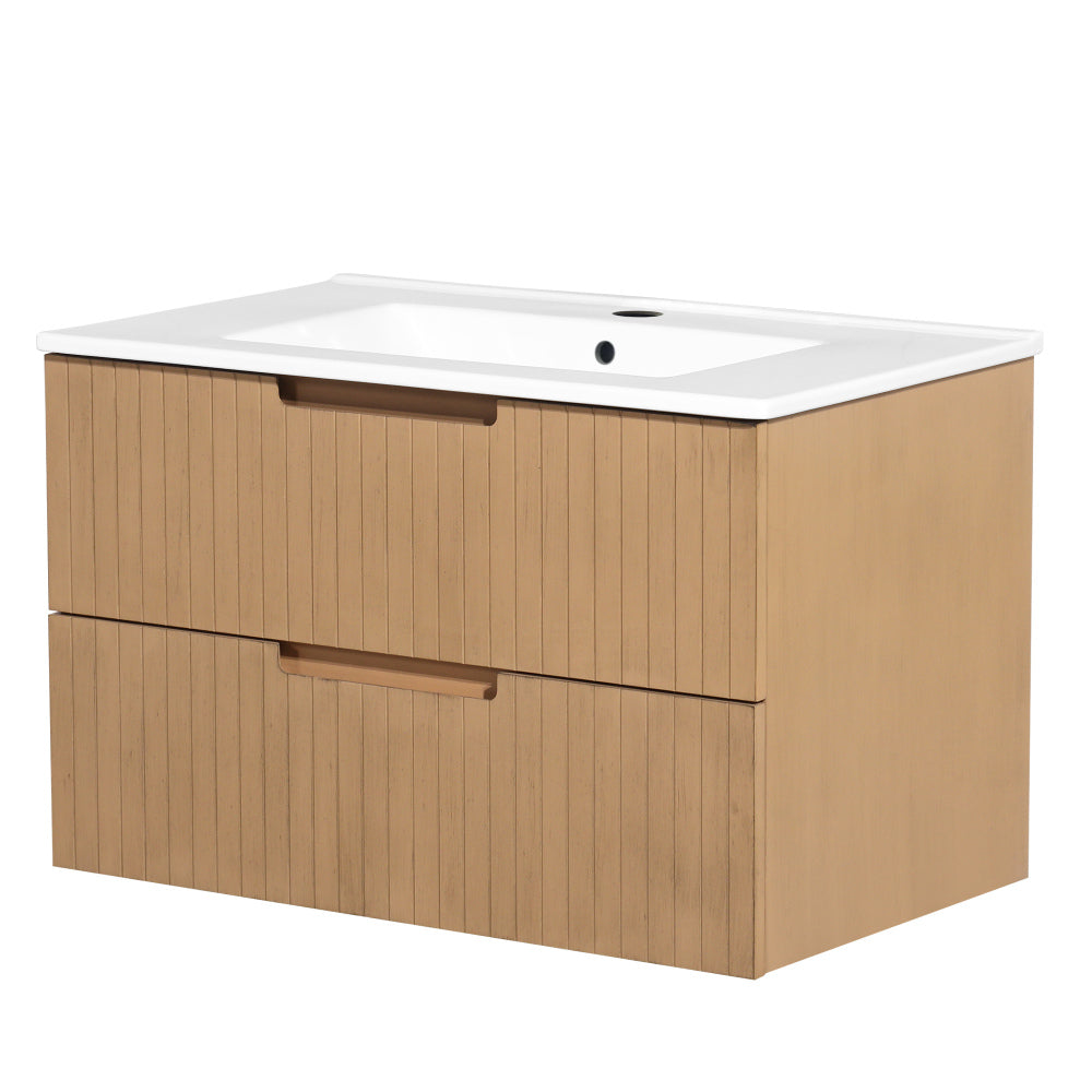 24 Inch Floating Bathroom Vanity with Ceramic Sink, Modern Bath Storage Cabinet Vanity with Drawers Wall Mounted Combo Set for Bathroom, Light Brown