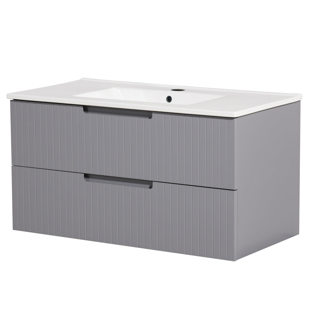 24 Inch Floating Bathroom Vanity with Ceramic Sink, Modern Bath Storage Cabinet Vanity with Drawers Wall Mounted Combo Set for Bathroom, Light Brown
