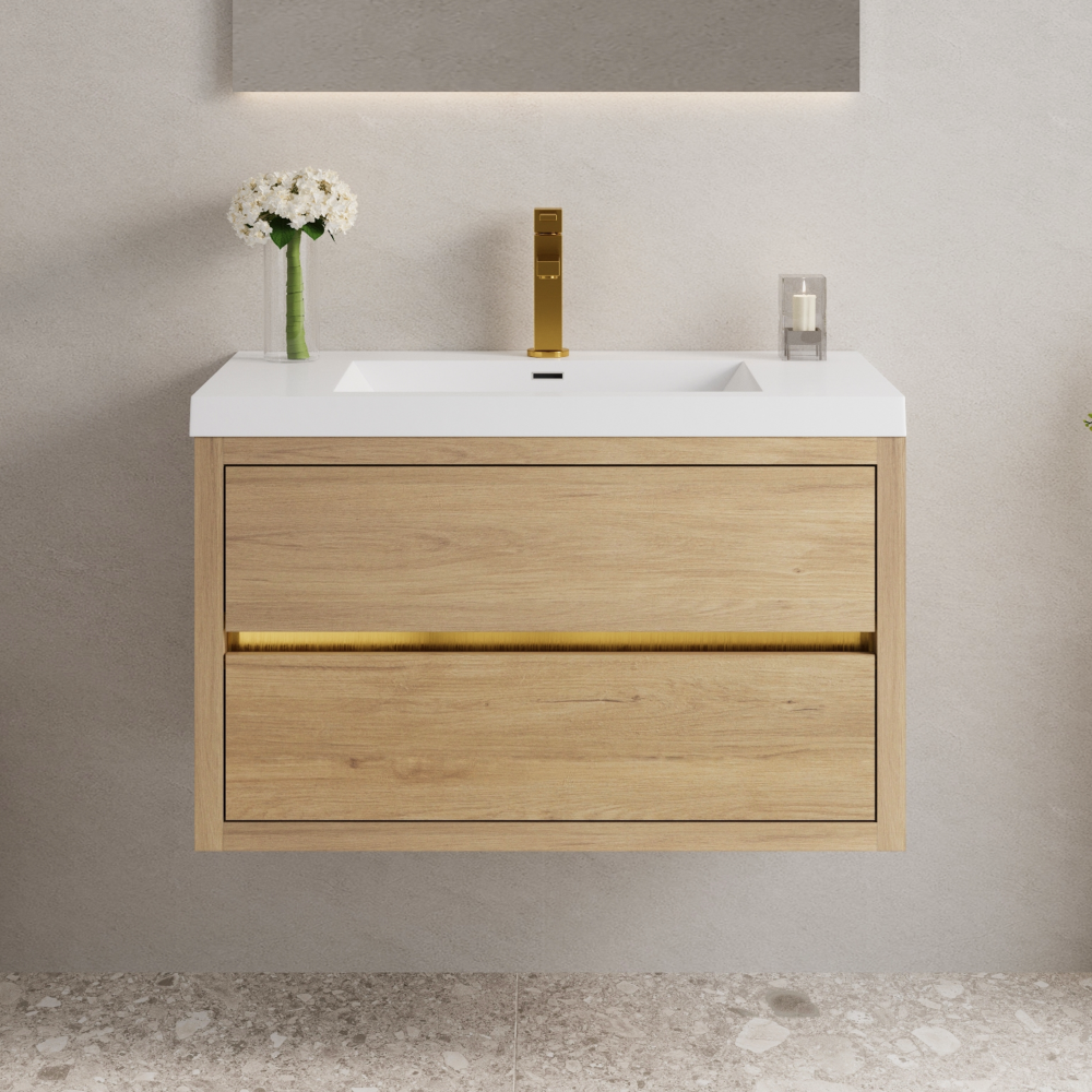 36" Wall-Mounted Bathroom Vanity with Sink, Floating Bathroom Storage Cabinet with Stone Resin Countertop and Soft Close Drawers, Natural Oak 24V15-36NO
