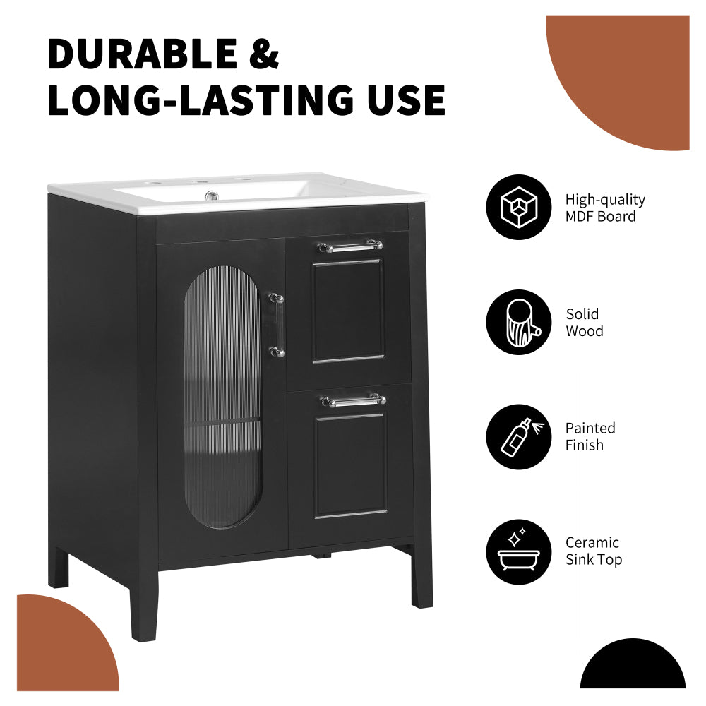 24" Bathroom Vanity with Sink, Bathroom Vanity Cabinet with Two Drawers and Door, Adjustable Shelf, Solid Wood and MDF, Black