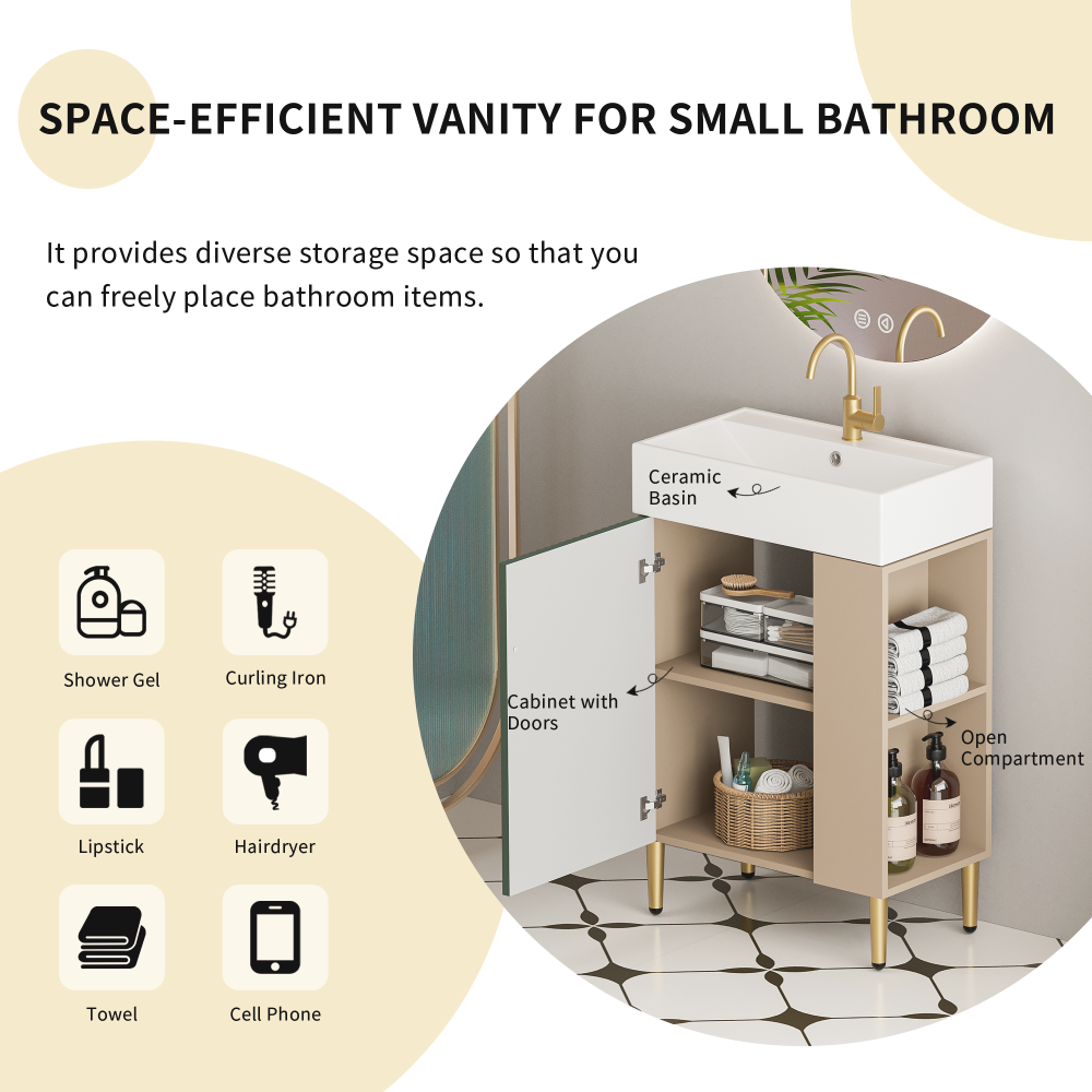 21.6" Open-shelving Bathroom Vanity with Ceramic Sink and Soft-Closing Door, Cloakroom Open Shelf Storage Cabinet on the Right Side, Assembly Required, Green 24VB06-21LVR