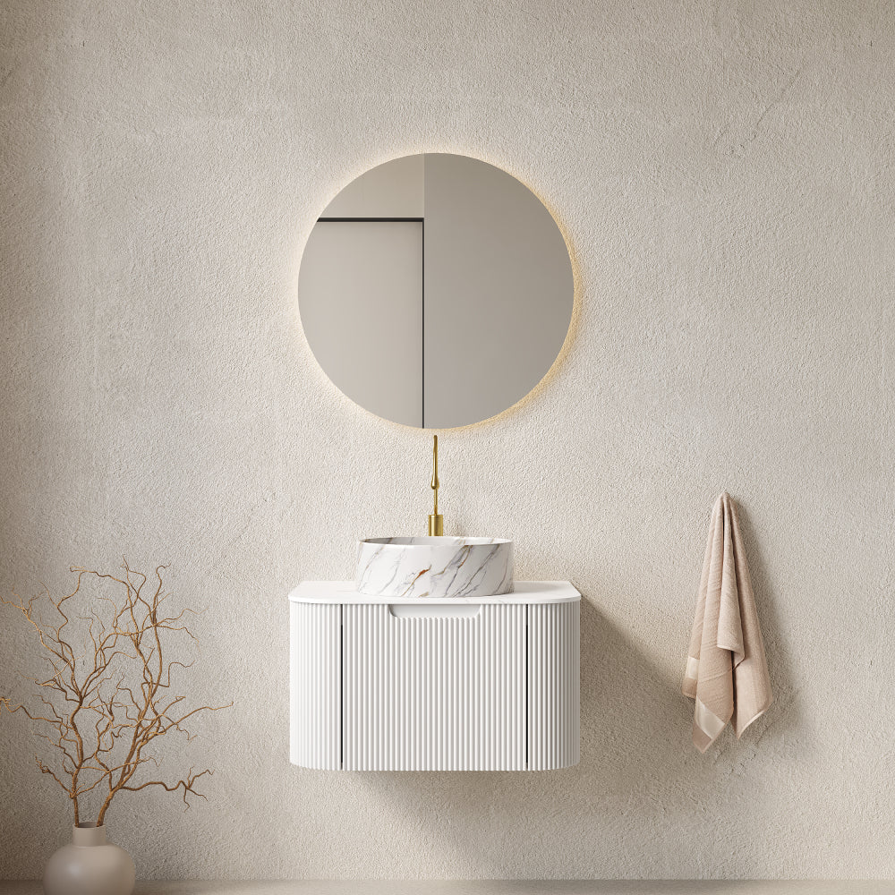 DINA 24" Bathroom Vanity with Sink, Wall-Mounted Floating Curved Edges Striped Bathroom Storage Cabinet with Drawer, White Round Ceramic Basin with Stone Pattern, Pre-assembled, Light Green Color
