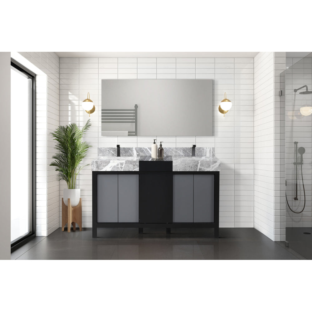 Black and Grey Double Bath Vanity 55 in. W x 22 in. D, Castle Grey Marble Top, Gun Metal Faucet Set and 53 in. Mirror