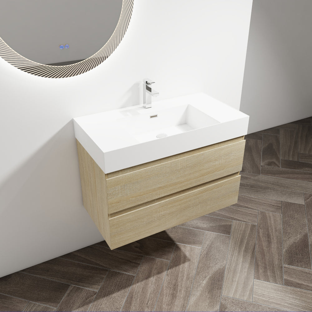 36" Wall-Mounted Bathroom Vanity With Resin Sink, 2-Soft Close Drawers, KD-Package