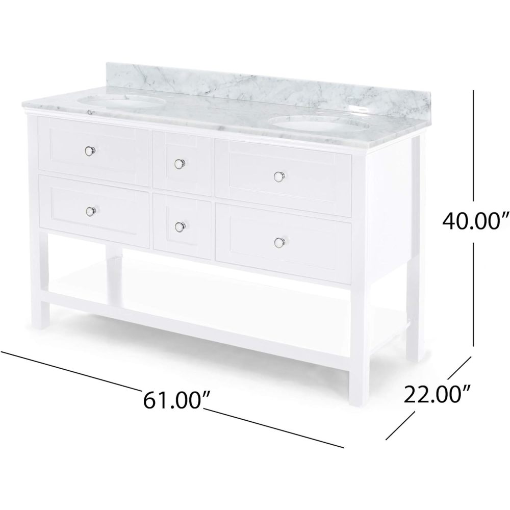61'' Bathroom Vanity with Marble Top & Double Ceramic Sinks, 4 Drawers, Open Shelf, White