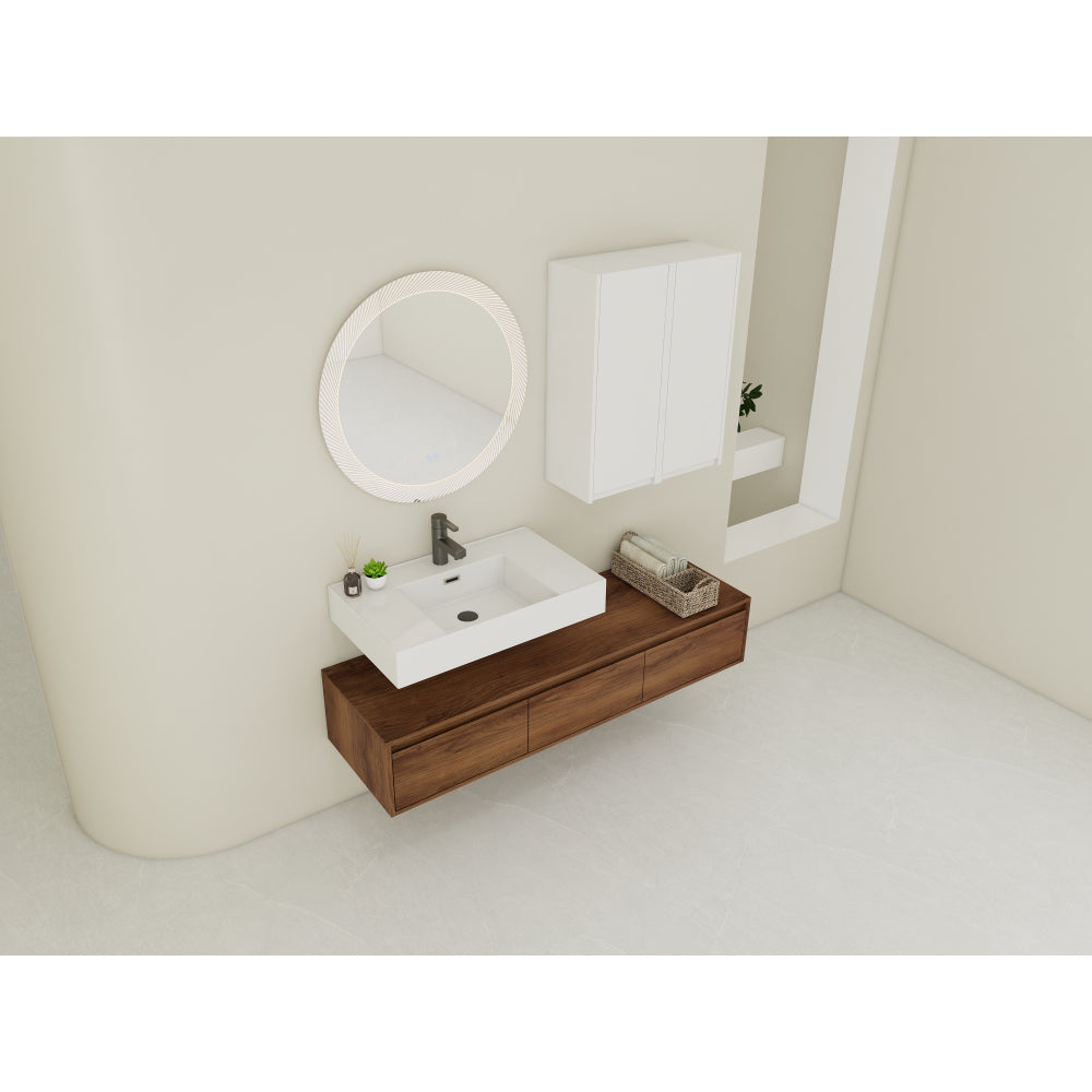60 inch Wall-Mounted Bathroom Vanity with Resin Sink and 2-Side Cabinet,3-Soft Close Drawer,Float Mounting Design