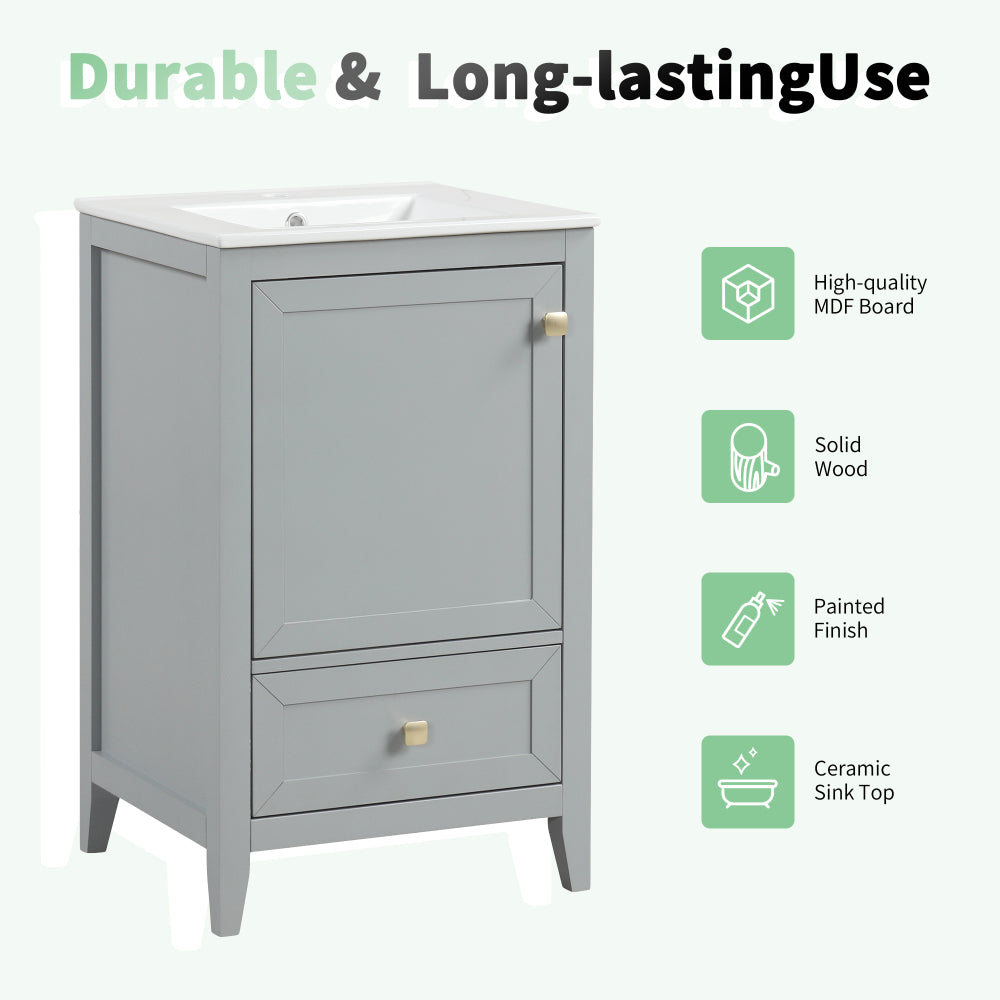 20" Bathroom Vanity with Sink, Bathroom Cabinet with Soft Closing Door, Storage Rack and A Drawer, Grey