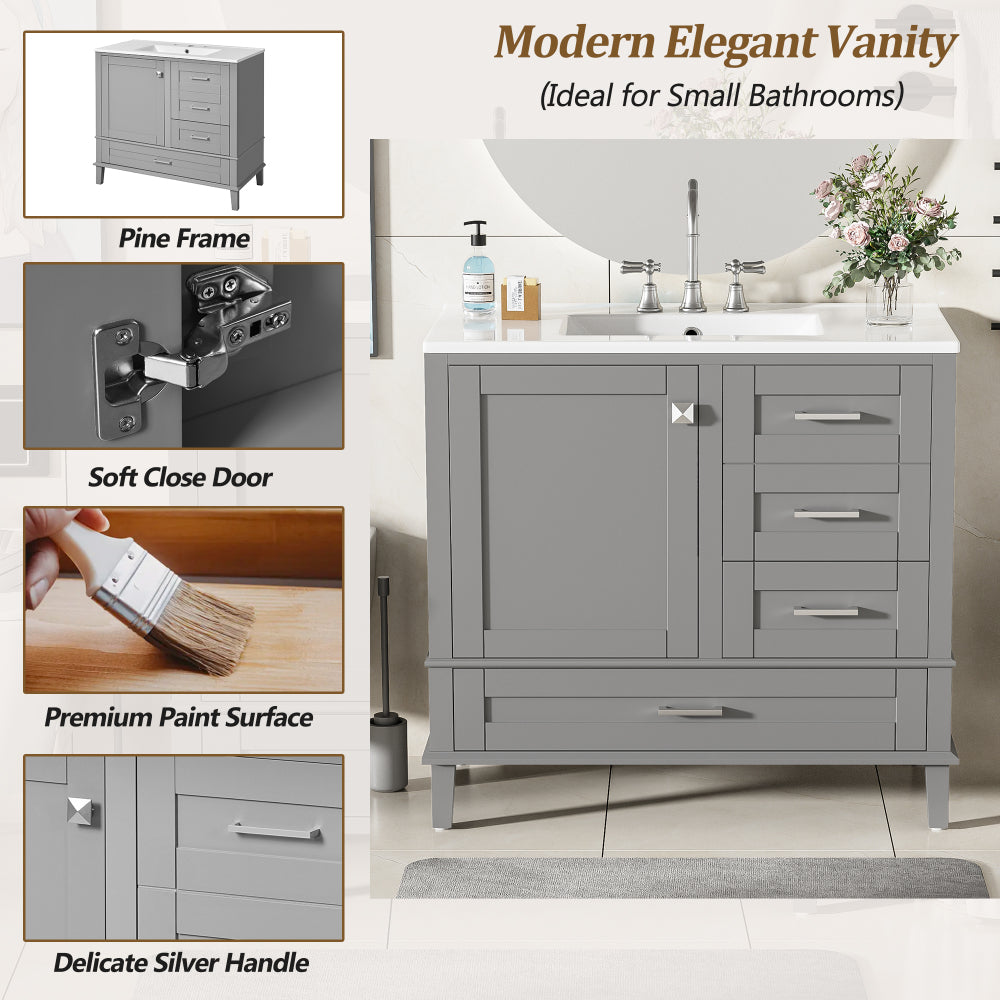 36" Grey Bathroom Vanity with Solid Pine Frame, 1 Soft Close Door and 3 Drawers , Modern Storage Cabinet (The Same Series as WF321698)