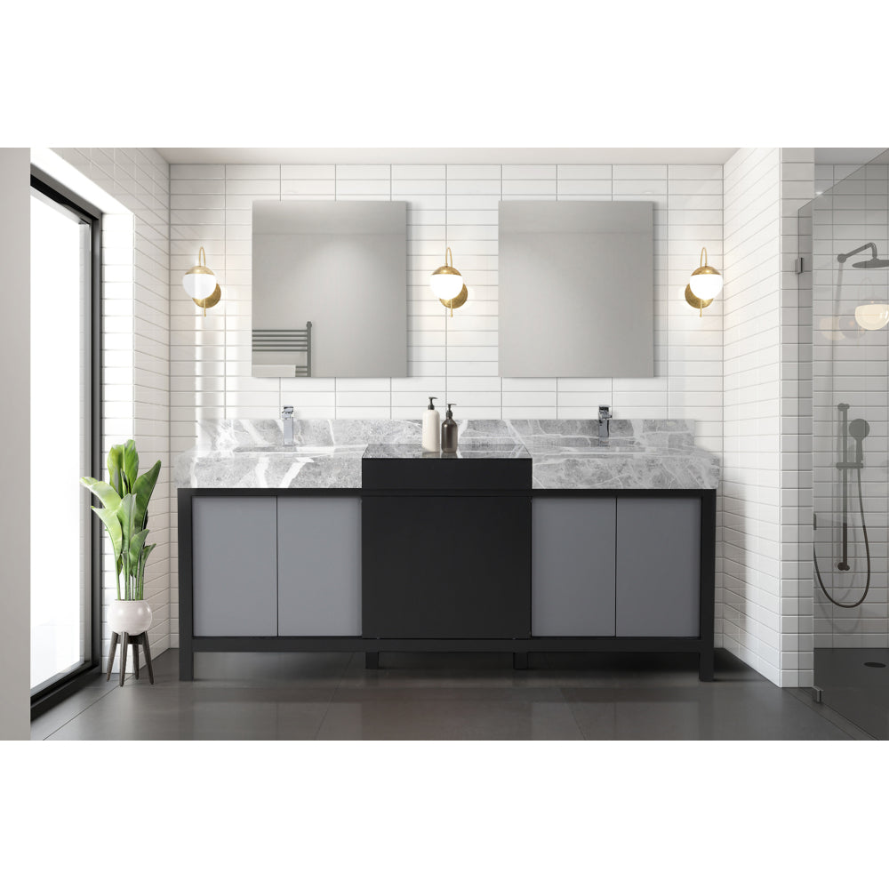 Black and Grey Double Bath Vanity 80 in. W x 22 in. D, Castle Grey Marble Top and Chrome Faucet Set