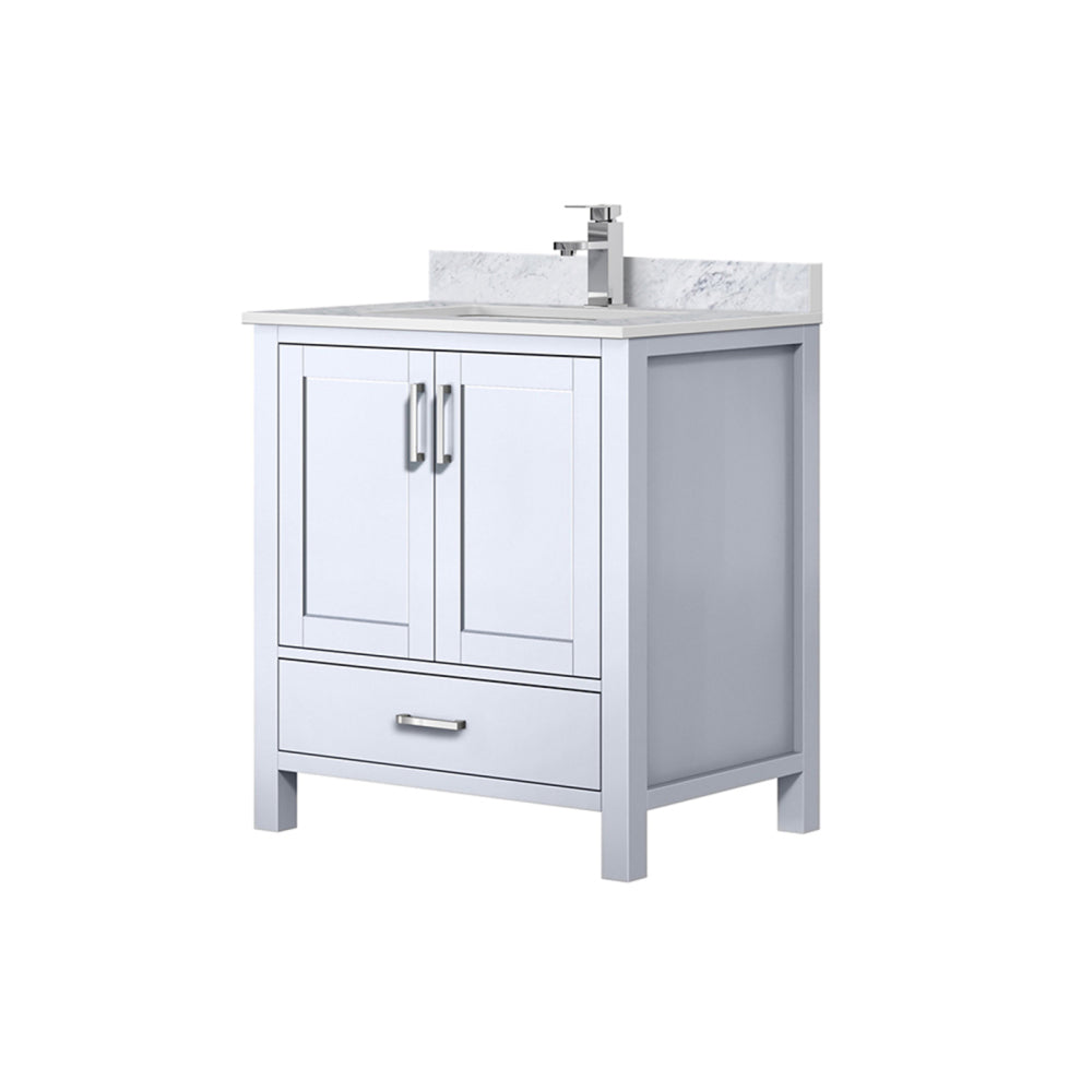 White Bath Vanity 30 in. W x 22 in. D, Carrara Marble Top, and Faucet Set
