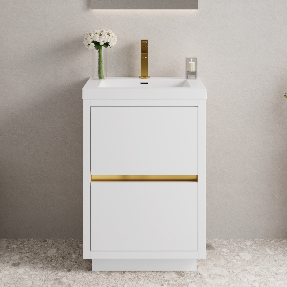 24" Freestanding Bathroom Vanity with Sink, Bathroom Storage Vanity Cabinet with Stone Resin Countertop and Soft Close Drawers, Glossy White 24V14-24GW