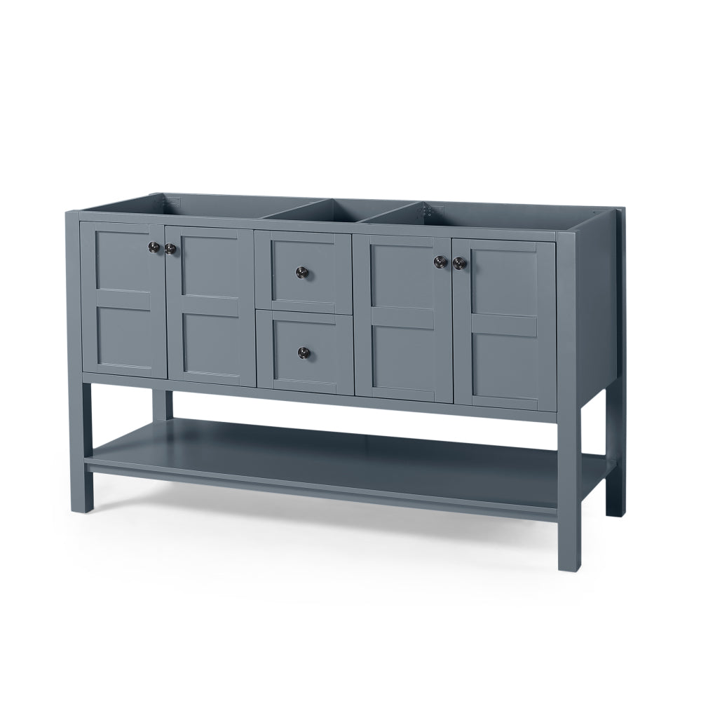 61'' Bathroom Vanity with Marble Top & Double Ceramic Sinks, 4 Doors, 2 Drawers, Open Shelf, Gray