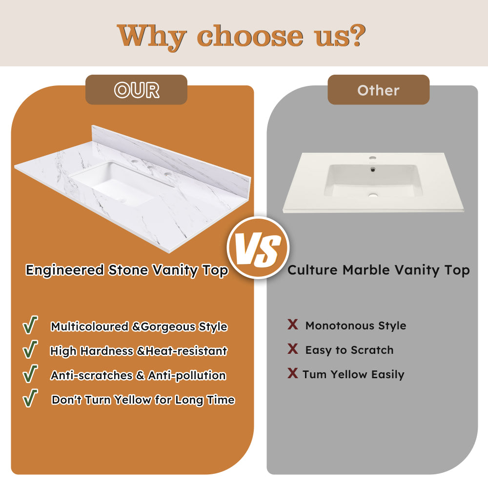 43 Inch Marble Vanity Top, White Vanity Top with 3 Pre-drilled Faucet Holes, Bathroom Vanity Top with Undermount Rectangular Middle Sink and 4" Height Backsplash, Bianco Carrara Venato