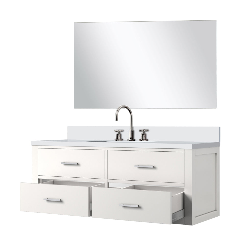 White Single Bath Vanity 48 in. W x 22 in. D, White Quartz Countertop, 43 in. Mirror and Faucet Set