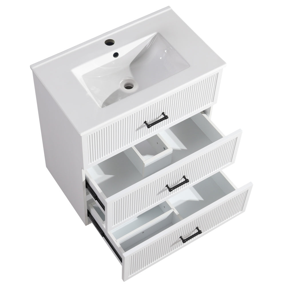 30 Inch Bathroom Vanity with Ceramic Sink Combo Set, Modern Freestanding Bathroom Storage Cabinet with 2 Drawers, Floor Standing Bath Vanity, White
