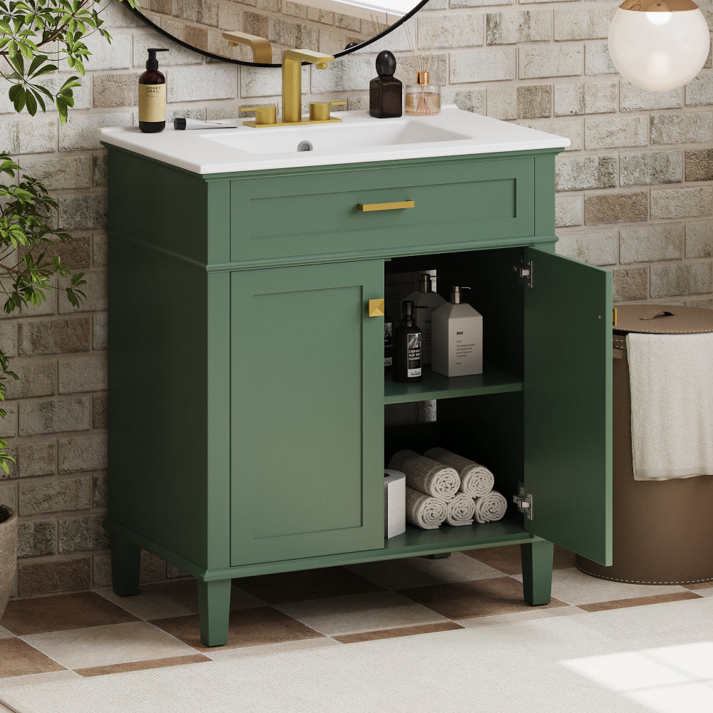 30-inch bathroom vanity with ceramic basin, soft close door and adjustable shelves