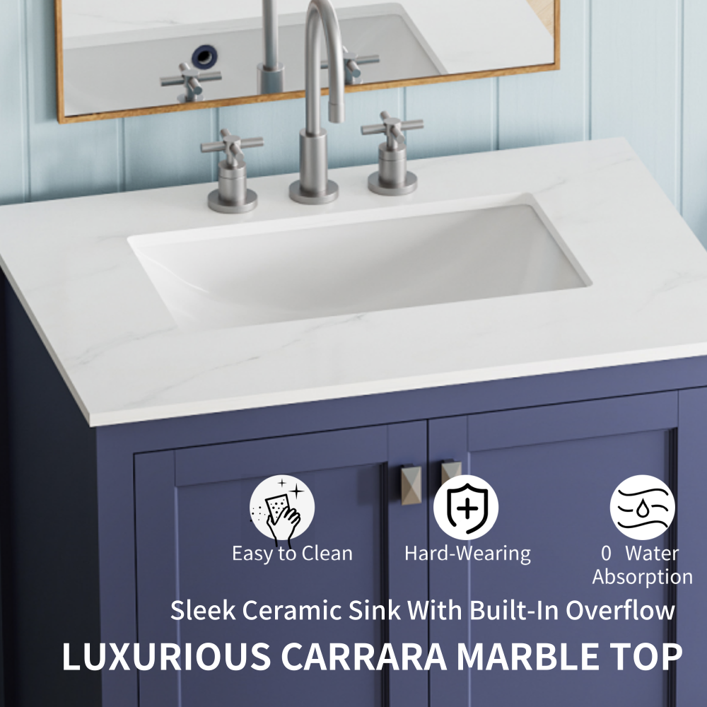 30" Freestanding Bathroom Vanity with Sink, Carrara Engineered Marble Vanity Top with Under-mounted Rectangular Ceramic Sink, Large Storage Soft-Close Door, Solid Wood Frame, Navy Blue 24V03-30NB