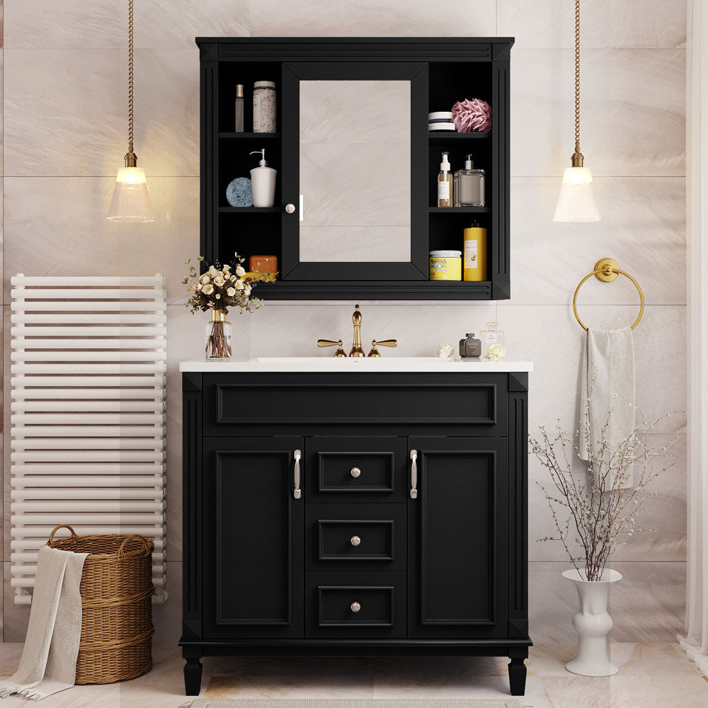 36'' Bathroom Vanity with Top Sink, Black Mirror Cabinet, Modern Bathroom Storage Cabinet with 2 Soft Closing Doors and 2 Drawers, Single Sink Bathroom Vanity