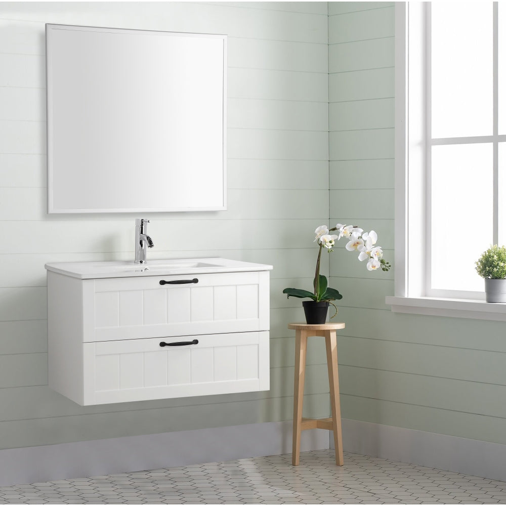 31.5inch Modern Style Bathroom Cabinet, Double Drawer With Decor Line,Wall-Mounted Bathroom Vanity with Basin & Mirror,Soft-Close System,for Bathroom,White
