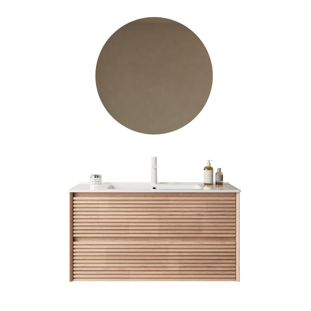 BRON 36" Bathroom Vanity with Sink, Modern Wall-Mounted Floating Plywood Bathroom Cabinet , 2 Drawers, White Ceramic Basin with Sink Hole Cover and Drain, Pre-assembled, Natural Walnut Woodgrain Color
