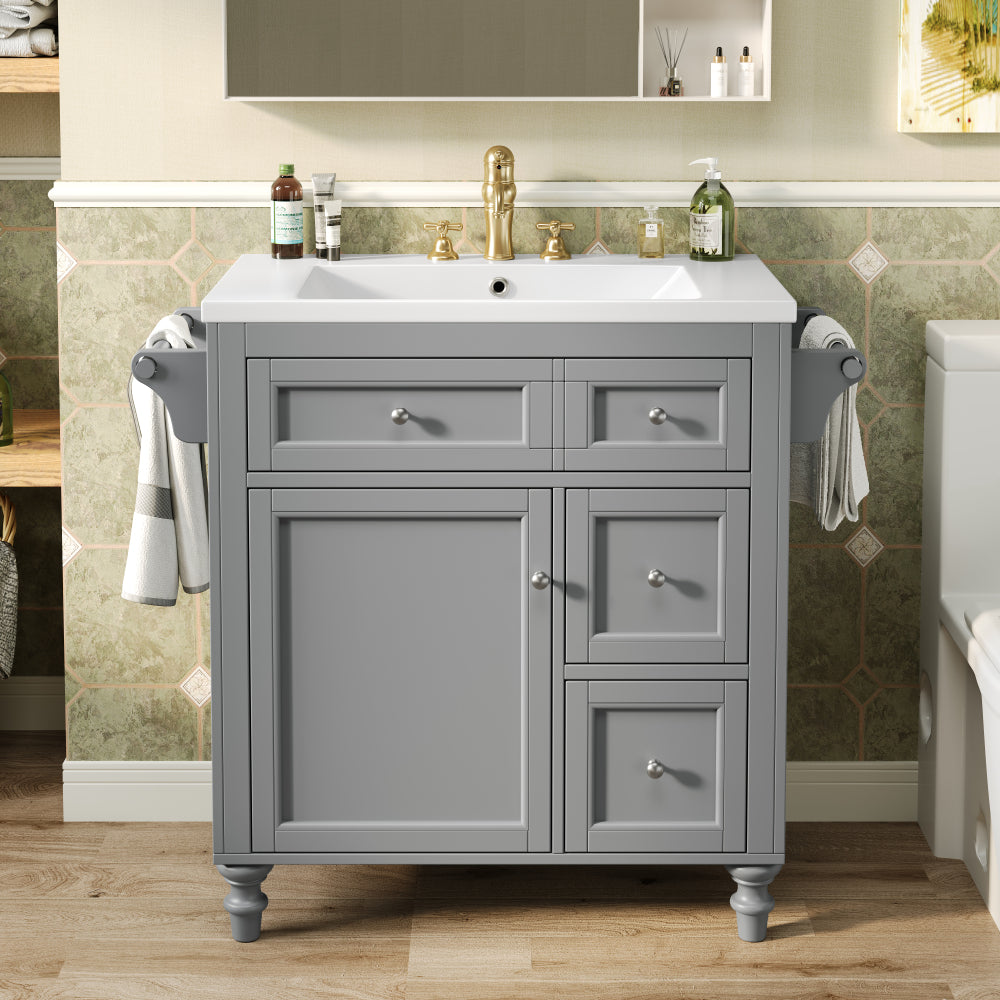 30'' Bathroom Vanity with Top Sink, Modern Bathroom Storage Cabinet with 2 Drawers and a Tip-out Drawer, Single Sink Bathroom Vanity (Same as SW000143AAE)