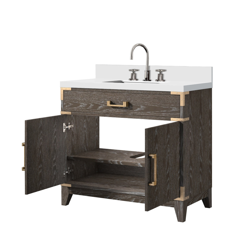 Brown Oak Single Bath Vanity 36 in. W x 22 in. D, White Quartz Top, and Faucet Set