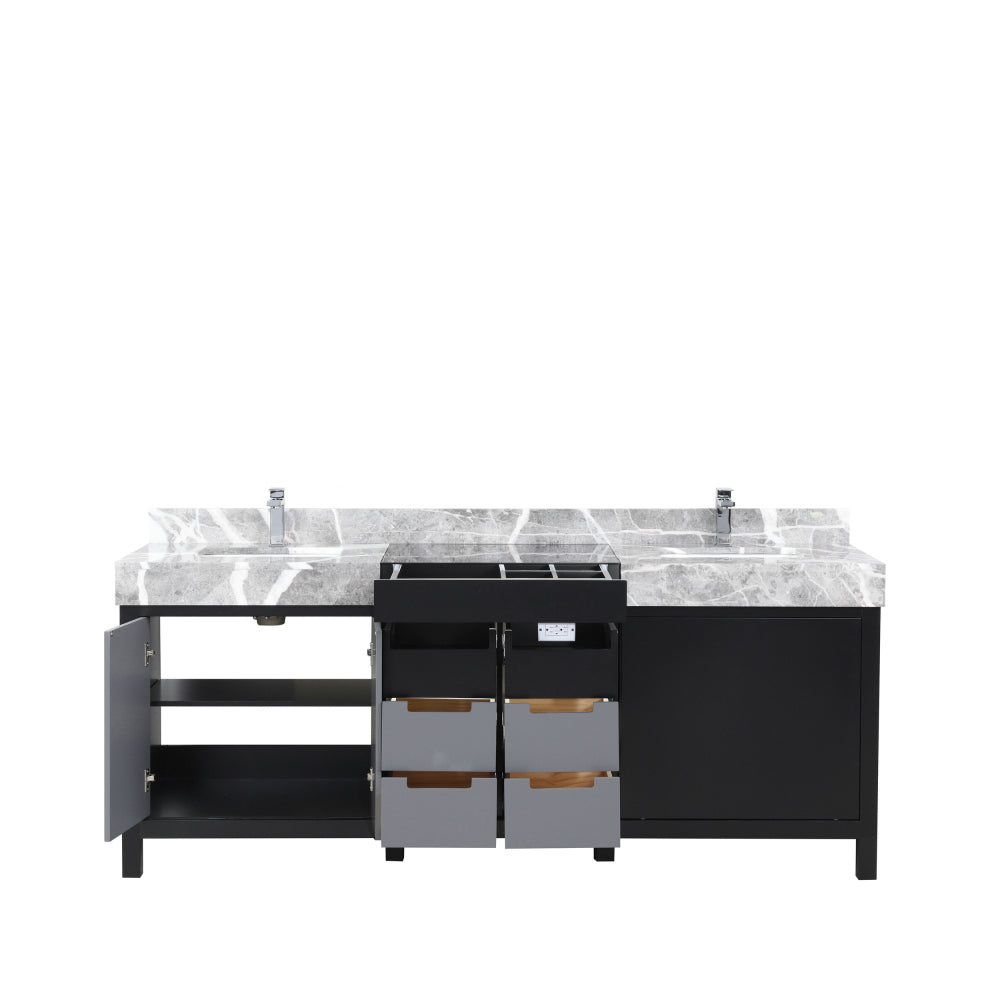 Black and Grey Double Bath Vanity 80 in. W x 22 in. D, Castle Grey Marble Top and Chrome Faucet Set