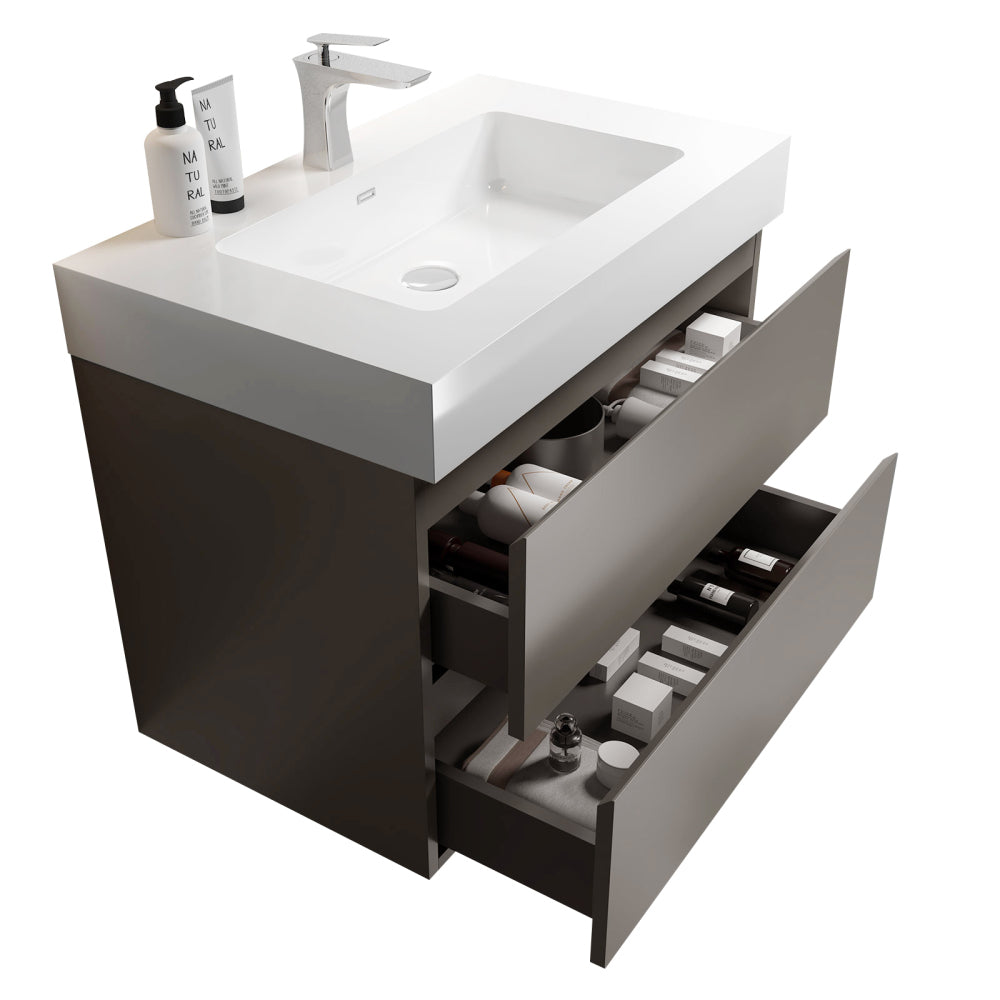 Alice 30" Gray Bathroom Vanity with Sink, Large Storage Wall Mounted Floating Bathroom Vanity for Modern Bathroom, One-Piece White Sink Basin without Drain and Faucet, Pre-assembled