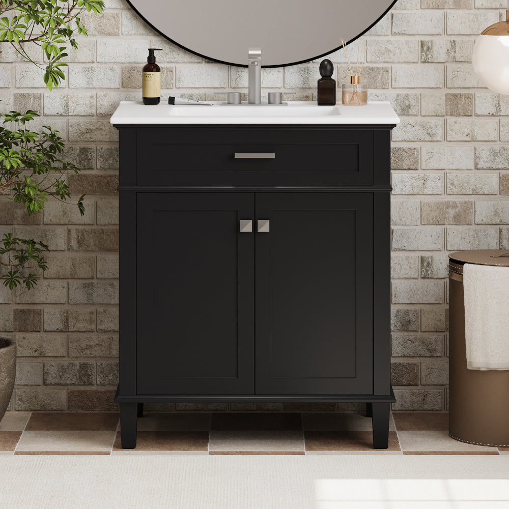 30-inch bathroom vanity with ceramic basin, soft close door and adjustable shelves