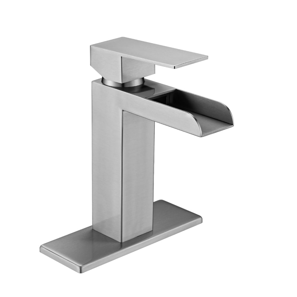Waterfall Bathroom Faucet Brushed Nickel Single Handle Bathroom Sink Faucets 1 or 3 Hole Solid Vanity Faucet with Deck Plate & Overflow Pop Up Drain Brushed Nickel