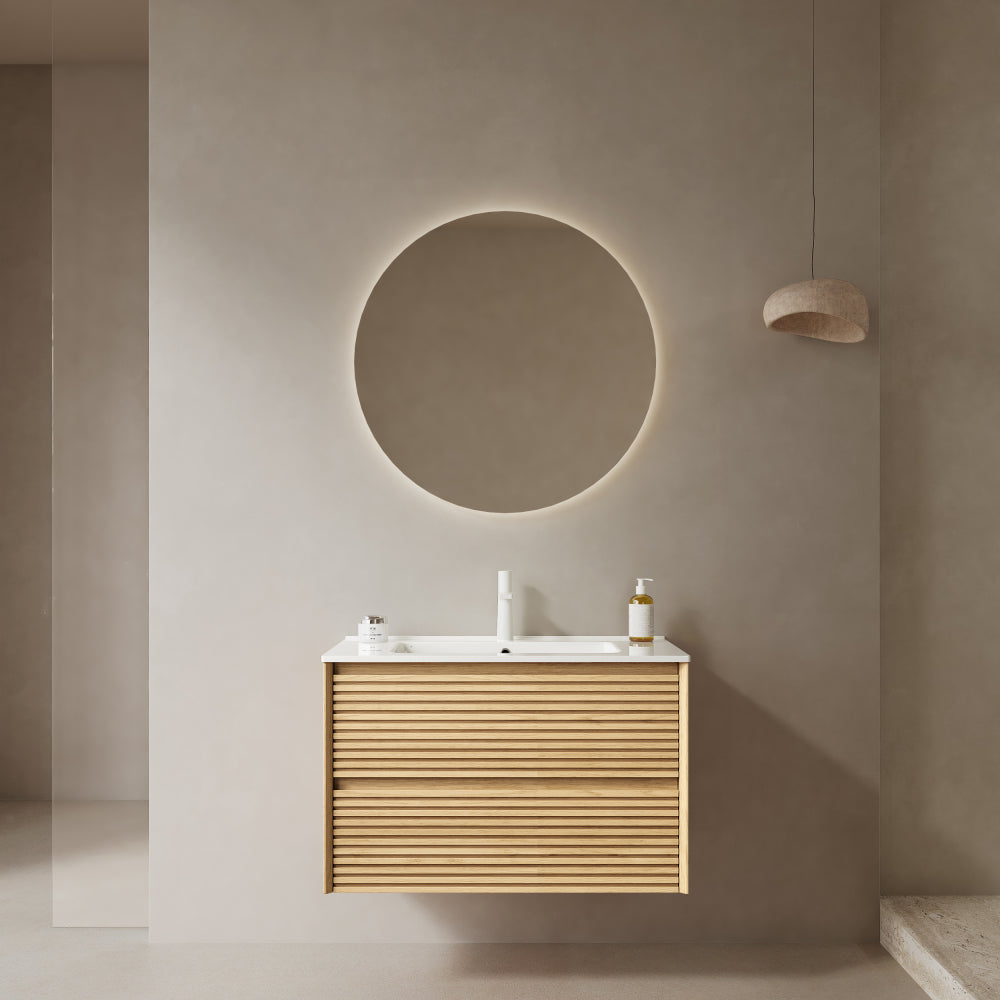 BRON 36" Bathroom Vanity with Sink, Modern Wall-Mounted Floating Plywood Bathroom Cabinet , 2 Drawers, White Ceramic Basin with Sink Hole Cover and Drain, Pre-assembled, Natural Walnut Woodgrain Color