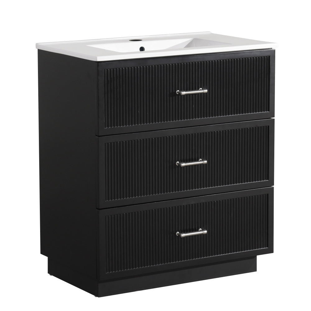 30 Inch Bathroom Vanity with Ceramic Sink Combo Set, Modern Freestanding Bathroom Storage Cabinet with 2 Drawers, Floor Standing Bath Vanity, Black