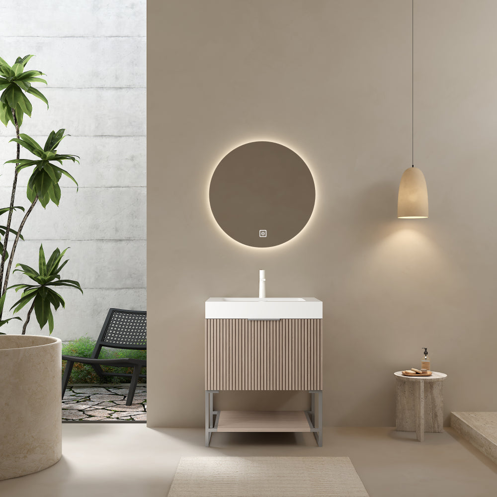 YOLAN 24" Bathroom Vanity with Sink, Freestanding Plywood Striped Storage Cabinet with Drawer and Open Shelf, White Rectangular Integrated Basin without Faucet, Pre-assembled, Light Brown Oak Color