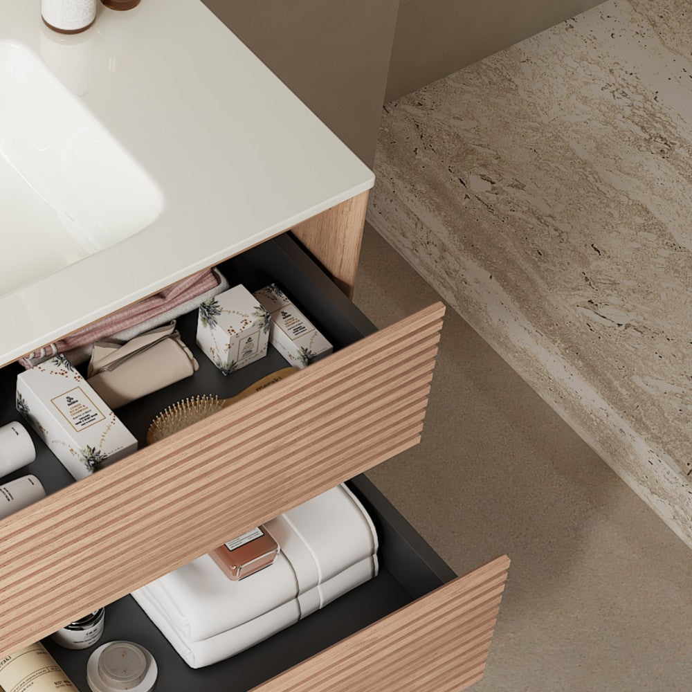 BRON 36" Bathroom Vanity with Sink, Modern Wall-Mounted Floating Plywood Bathroom Cabinet , 2 Drawers, White Ceramic Basin with Sink Hole Cover and Drain, Pre-assembled, Natural Walnut Woodgrain Color
