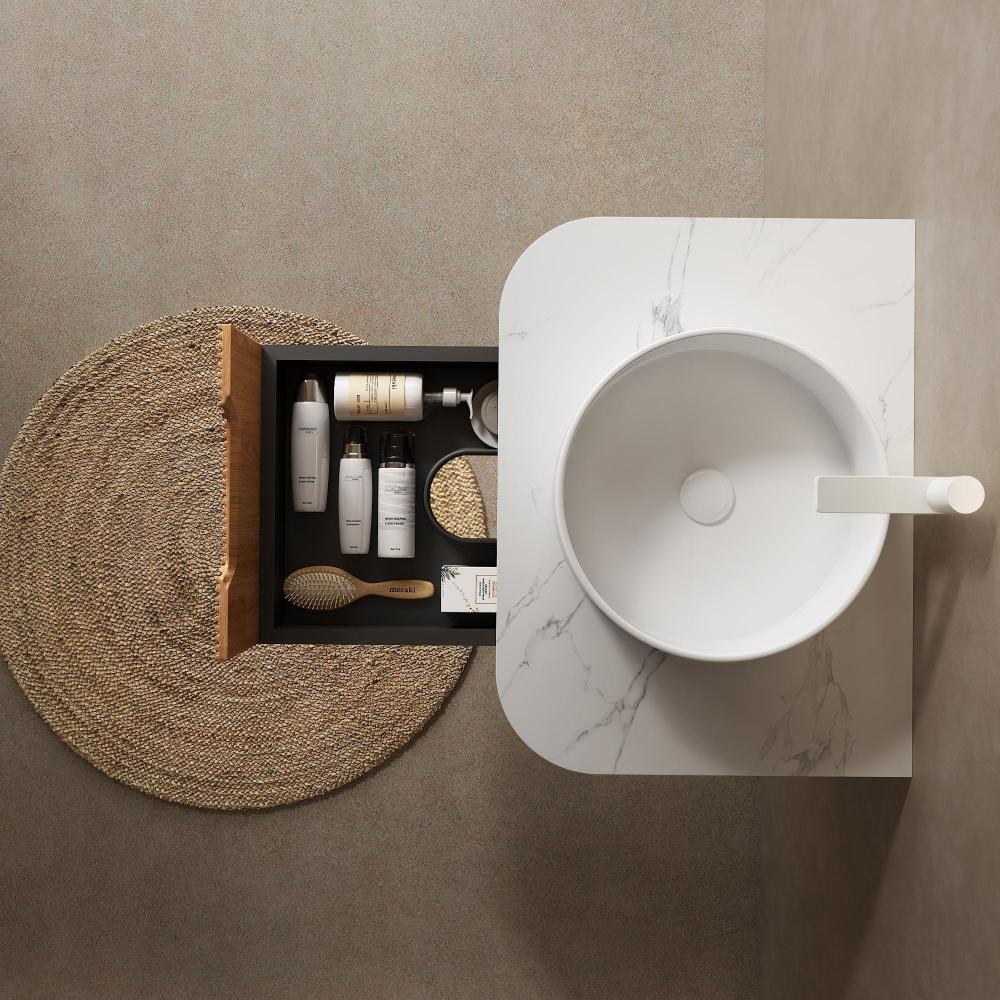 DINA 24" Bathroom Vanity with Sink, Modern Wall-Mounted Floating Curved Edges Striped Bathroom Storage Cabinet with a Drawer, White Artificial Marble Basin without Faucet, Pre-assembled, Natural Wood